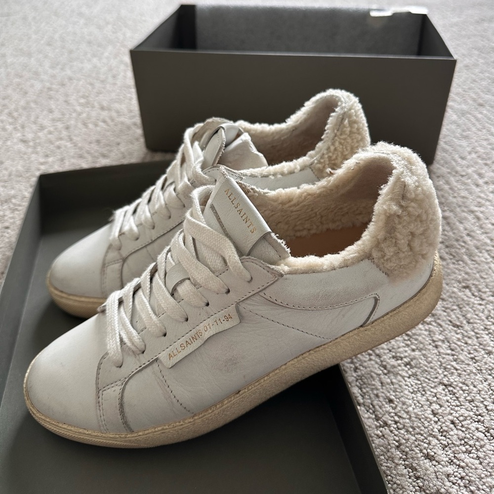 All Saints Cream-Trim Leather Sneakers with Sherpa Collar